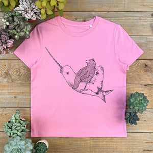 bear and dinosaur riding a narwhal, womens pink tee